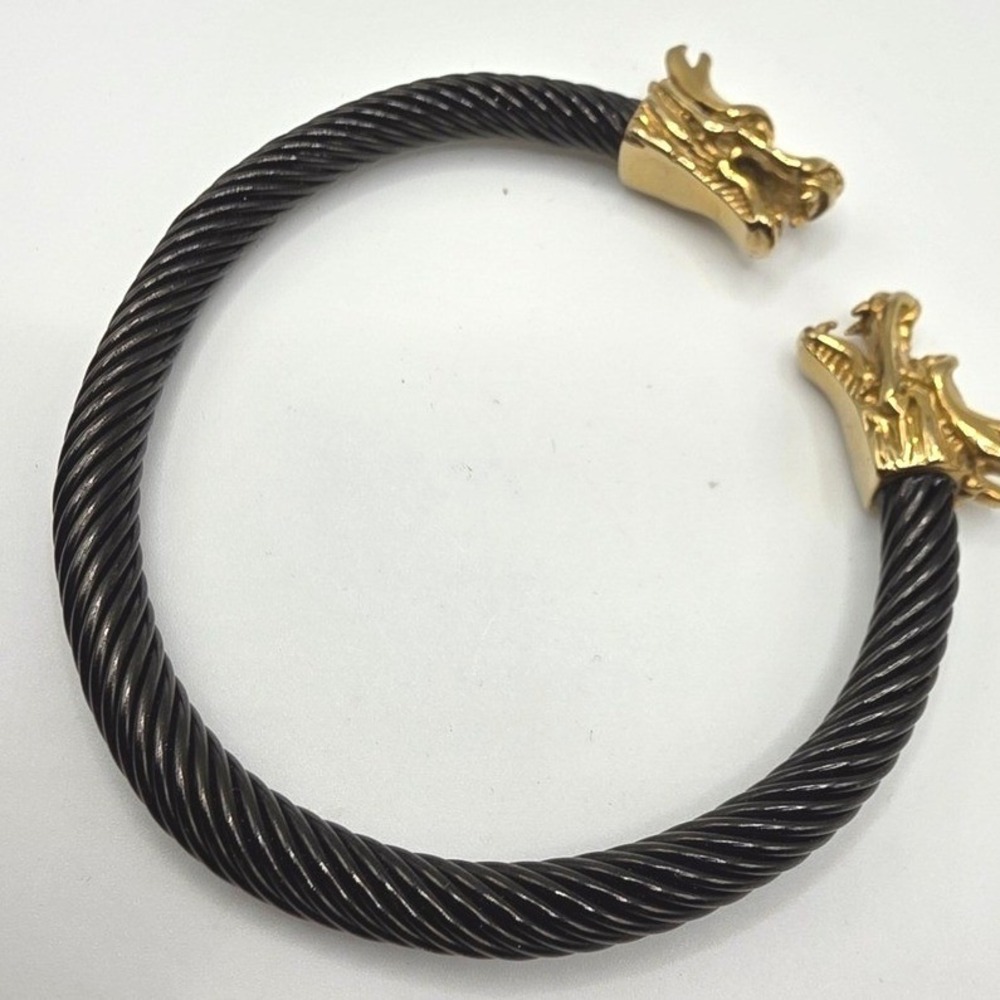 Black‎ Twisted Cable Double Dragon Head Cuff Bracelet Gold Tone Bypass Bangle